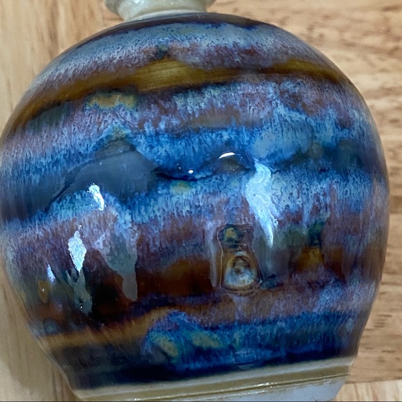 Vintage Blue/Brown Stripe Wave Glazed Ceramic Pottery 3.5” Mini Bud Vase - Picture 8 of 10